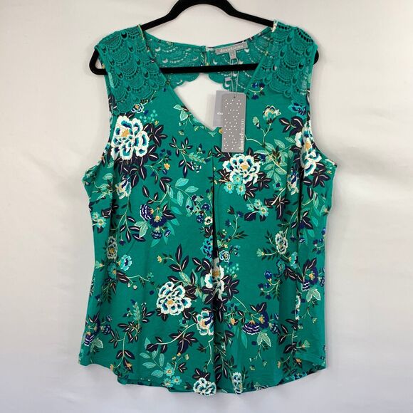Daniel Rainn Tops - Daniel Rainn Tank Top Women 1X Green Floral Print Fantine Crochet Detail V Neck